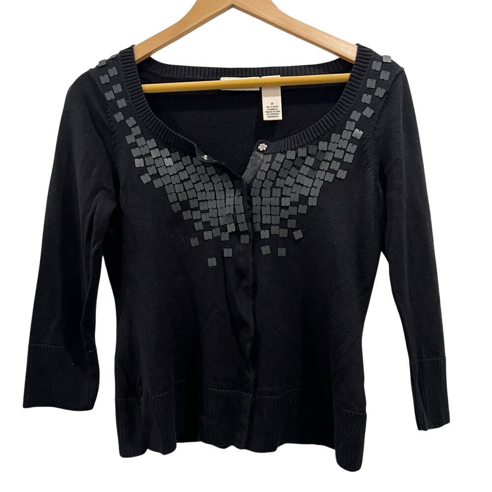 DKNY Jeans 90's Vintage black embellished cardigan sweater size M‎ Holiday!